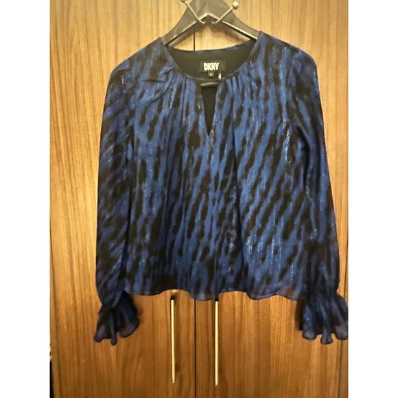 DKNY Blouse XS Blue Black Long Sleeve Sheer Top Ruffle Cuff Women’s Shirt - Picture 2 of 9